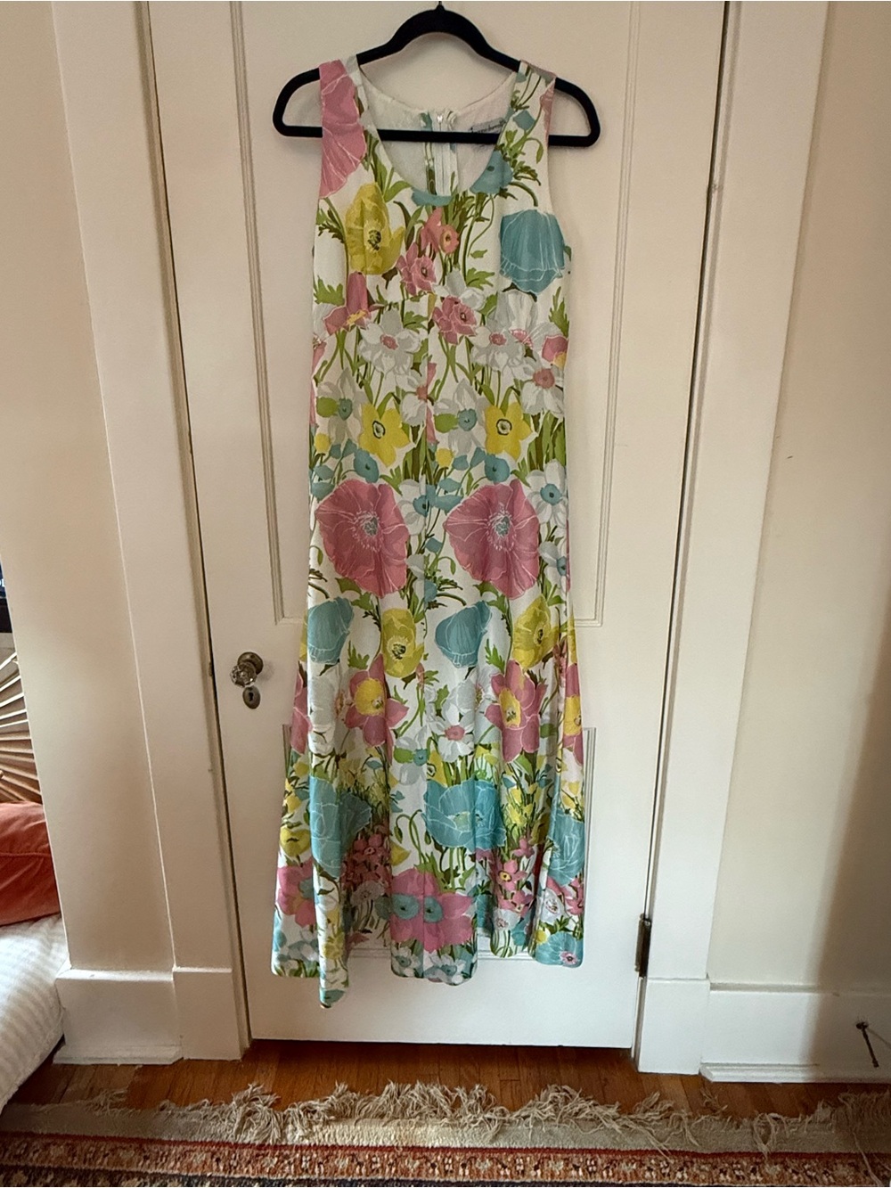 Vintage 1960s Floral Sleeveless Maxi Dress in Pastel Pink, Blue & Yellow